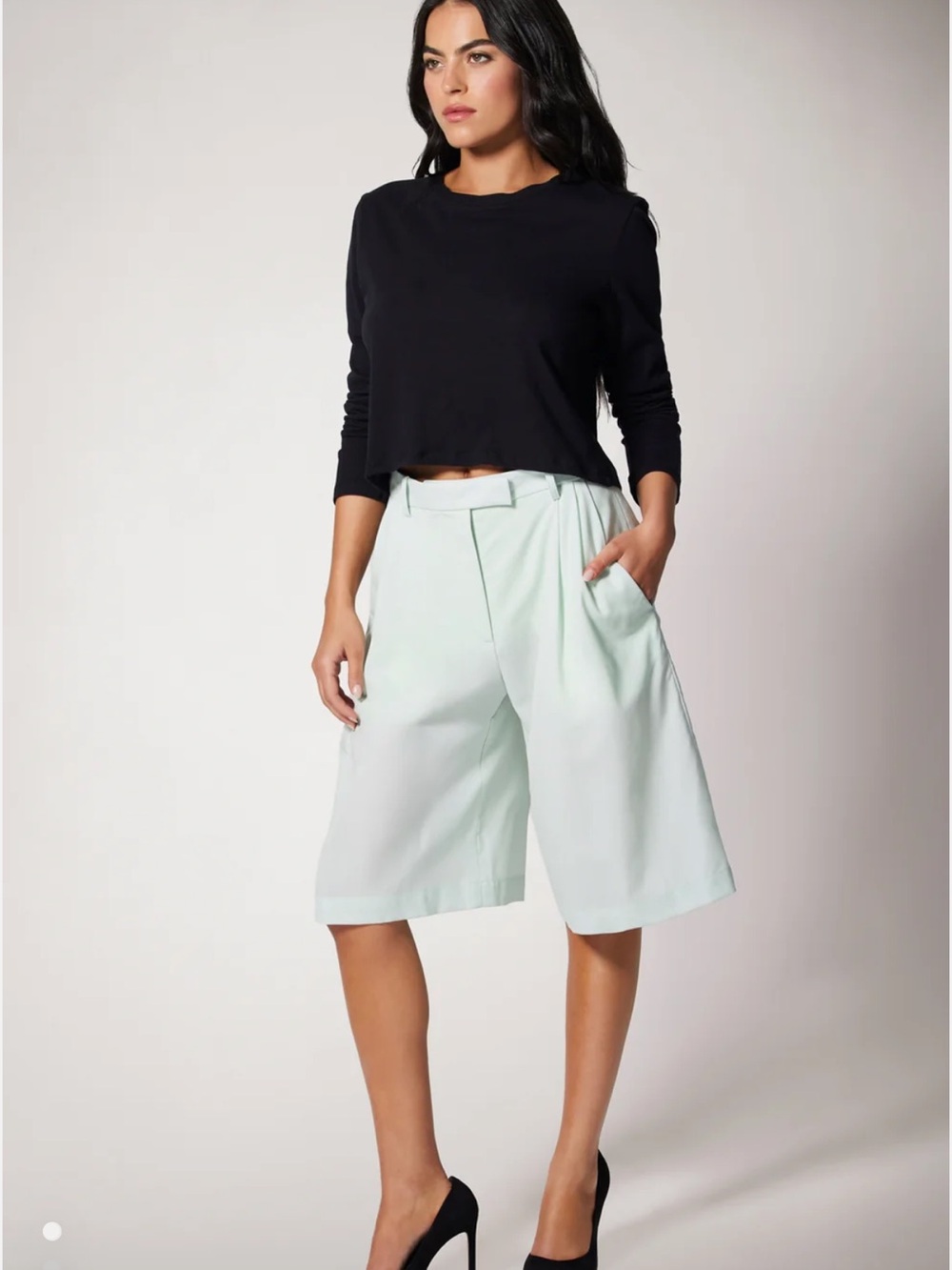 High-Rise Mint Wide-Leg Bermuda Shorts